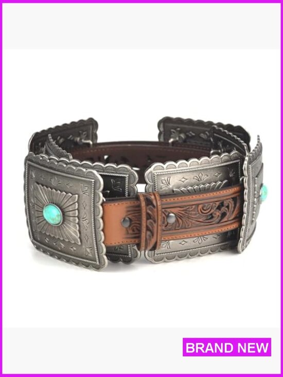 Western Belt with Turquoise Concho Accents Genuine Leather Tooled Embossing